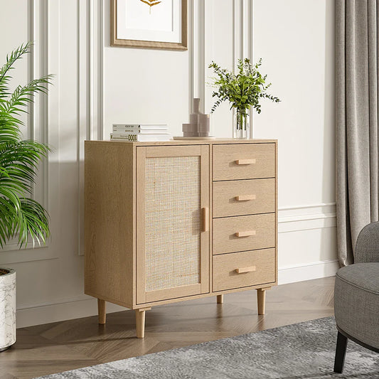 Wood and Rattan Accent Side Cabinet- Natural