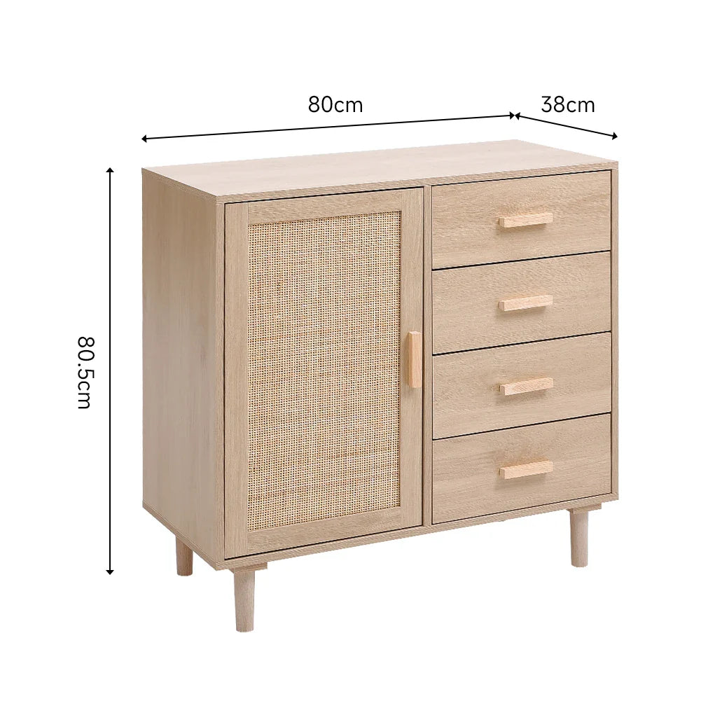 Wood and Rattan Accent Side Cabinet- Natural