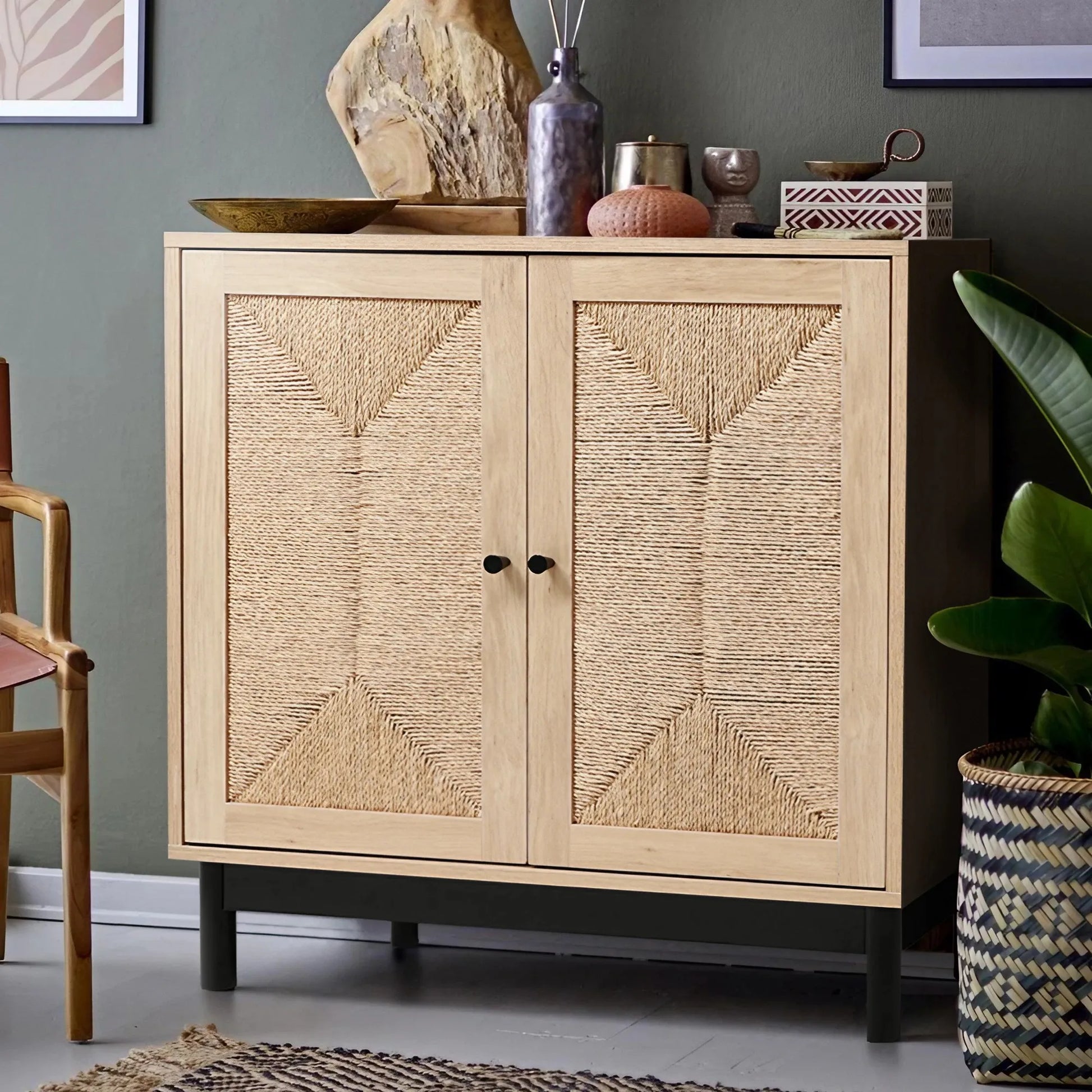 Rattan double door wooden sideboard- Natural