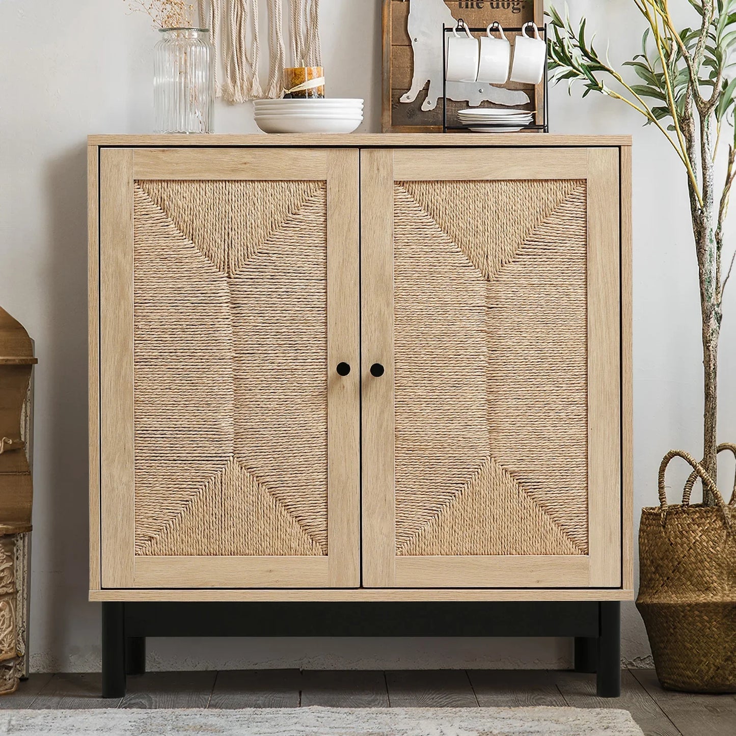 Rattan double door wooden sideboard- Natural