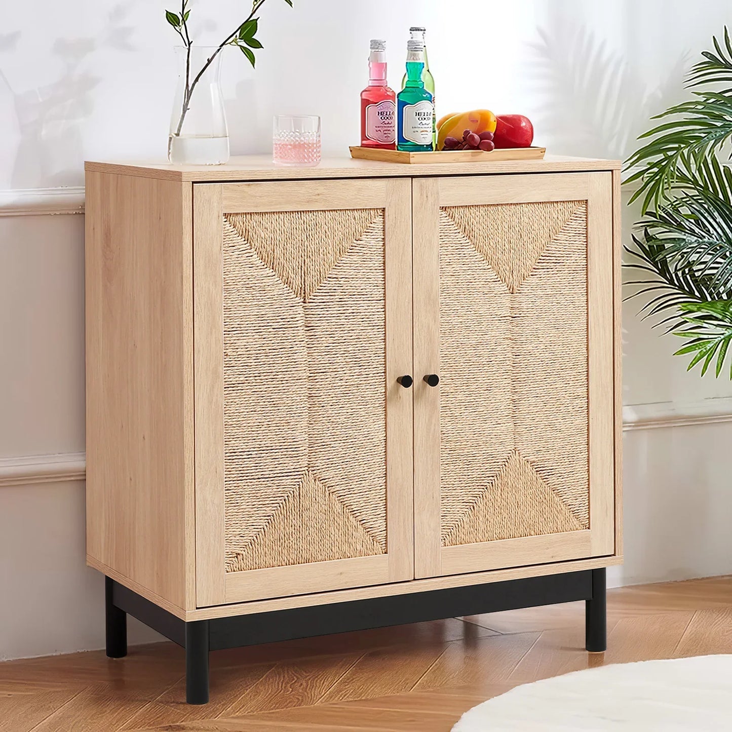 Rattan double door wooden sideboard- Natural