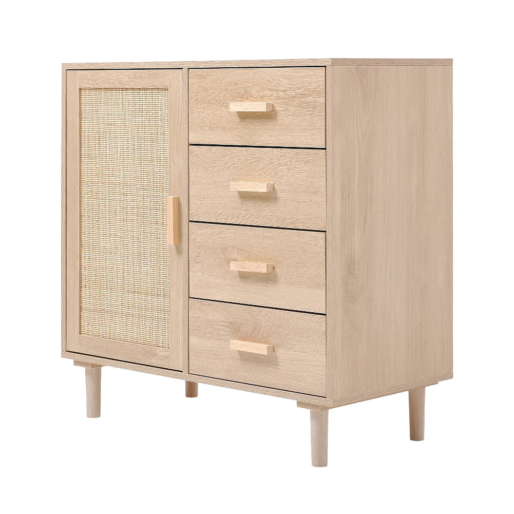 Wood and Rattan Accent Side Cabinet- Natural