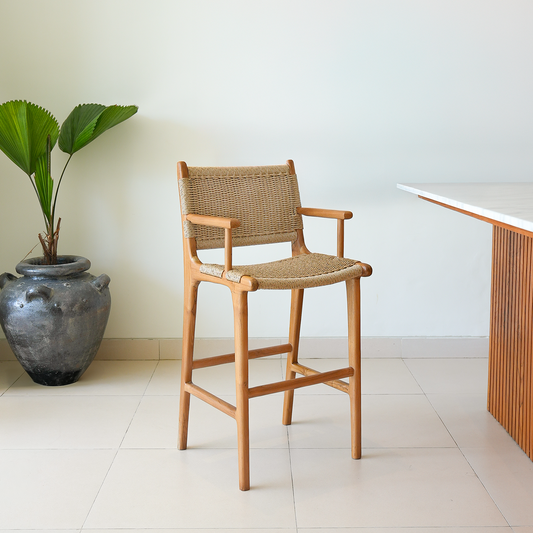 Zara Teak & Rattan Bar Stool With Armrest