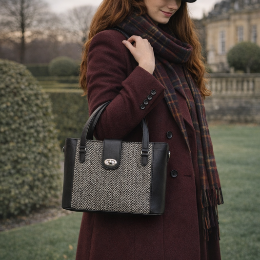 Tannery Tweed Leather Shopper Bag - Mini Twist Lock Style- Black