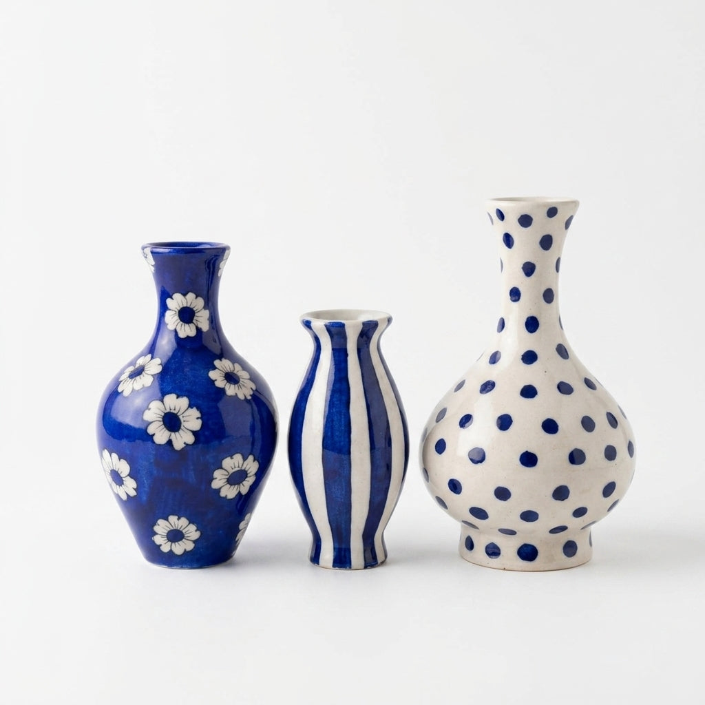 Three ceramic vases in blue and white patterns, including a blue vase with white daisy flowers, a blue and white striped vase, and a white vase with blue polka dots, set against a plain white background.