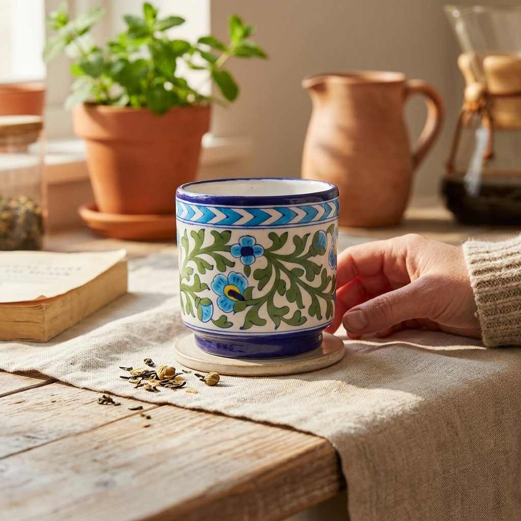 Blue Pottery Planter 6" — Hand-Painted Floral, Artisan Ceramic | Jaipur Blue Pottery