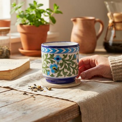 Blue Pottery Planter 6" — Hand-Painted Floral, Artisan Ceramic | Jaipur Blue Pottery