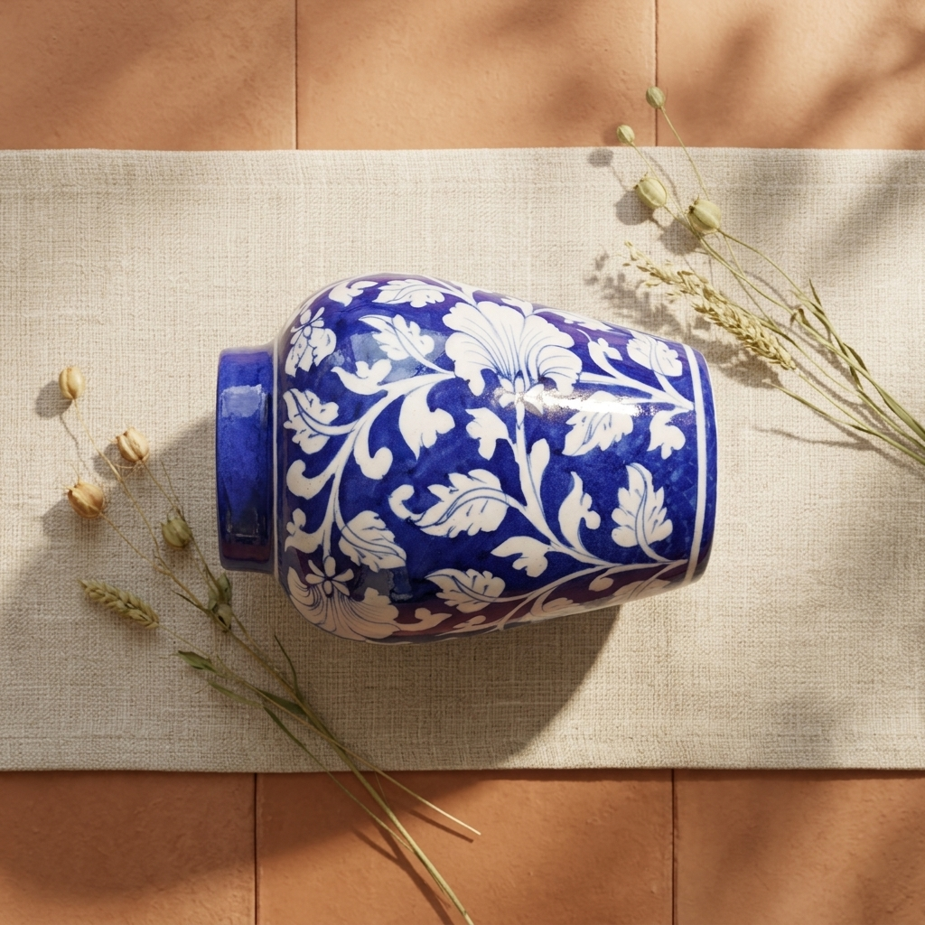 Jaipur Blue Pottery Vase — Hand-Painted Cobalt Floral, Artisan Ceramic | Unique Homeware Gift UK