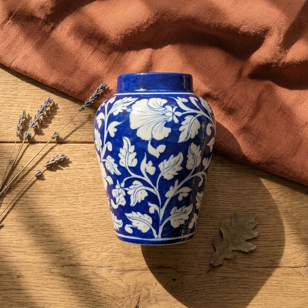 Jaipur Blue Pottery Vase — Hand-Painted Cobalt Floral, Artisan Ceramic | Unique Homeware Gift UK