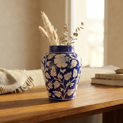 Jaipur Blue Pottery Vase — Hand-Painted Cobalt Floral, Artisan Ceramic | Unique Homeware Gift UK