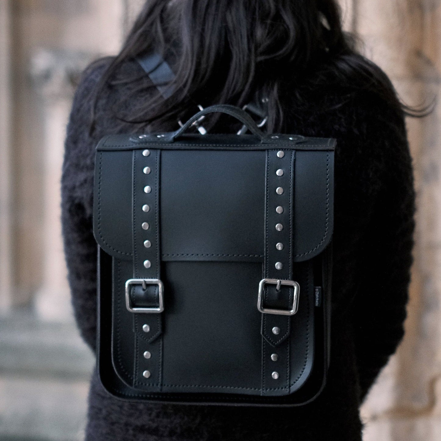 Handmade Leather City Backpack - Black Gothic Studded  