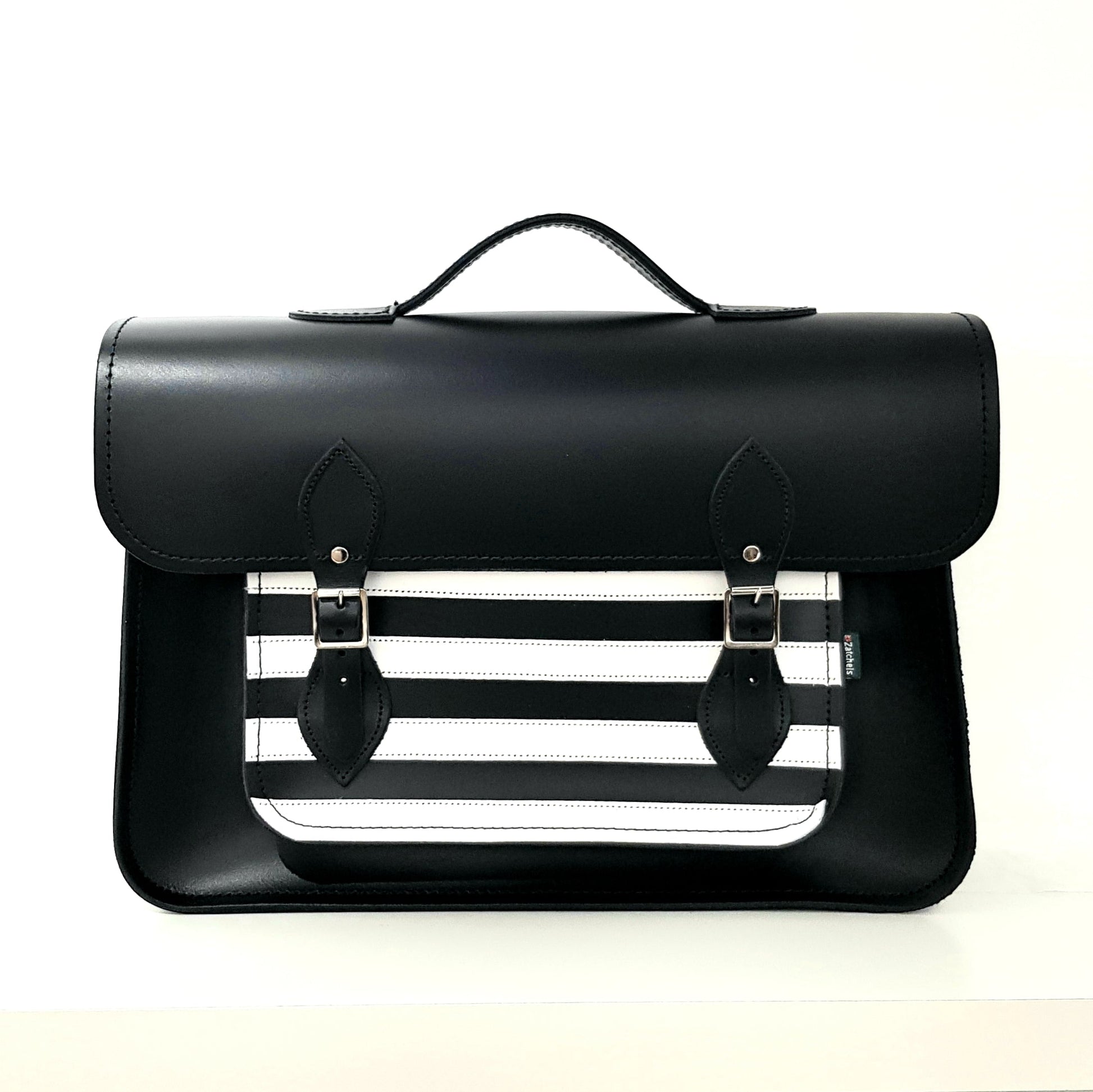 Handmade Leather Satchel - Gothic Striped White & Black  