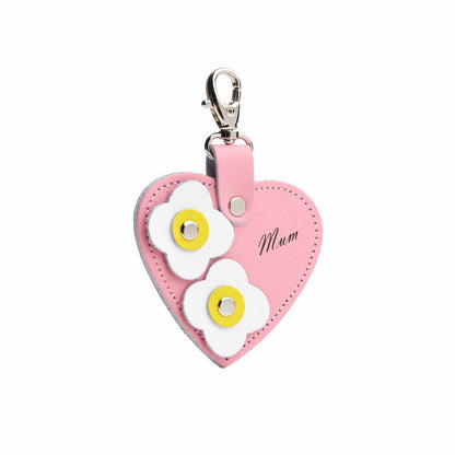 Love heart bag charm - with 'Mum' engraving and flower appliques - Pastel Pink  