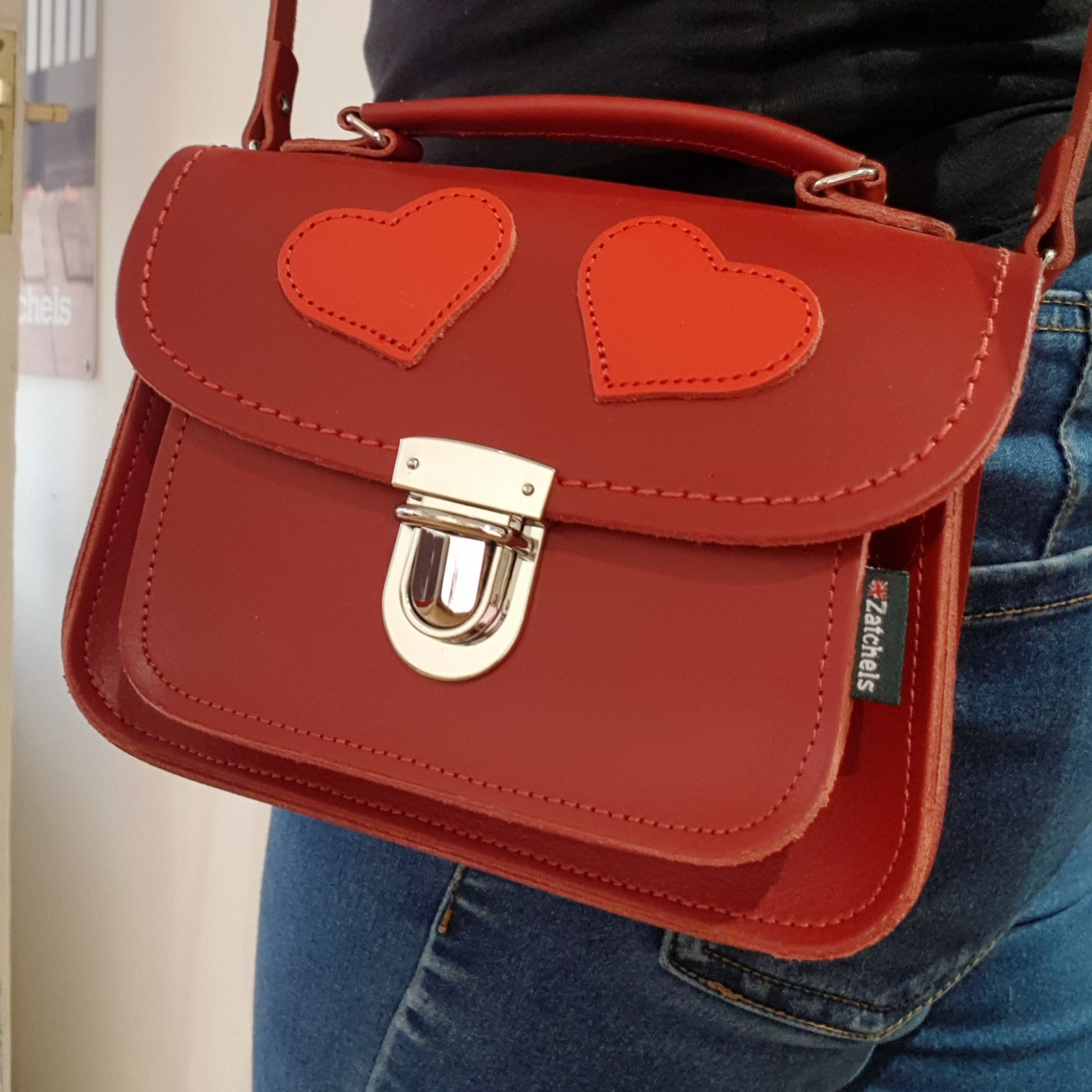 Luna Handmade Leather Bag - Love Hearts- Red  