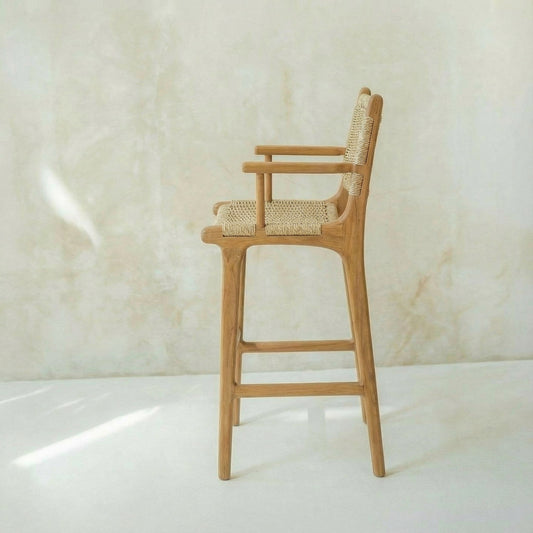 Zara Teak Rattan Bar Stool With Armrest