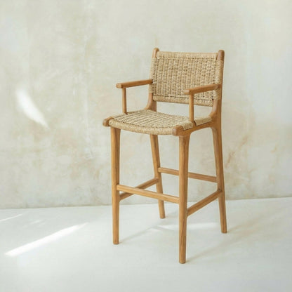 Zara Teak Rattan Bar Stool With Armrest