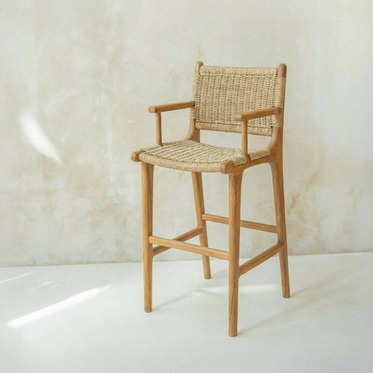 Zara Teak Rattan Bar Stool With Armrest