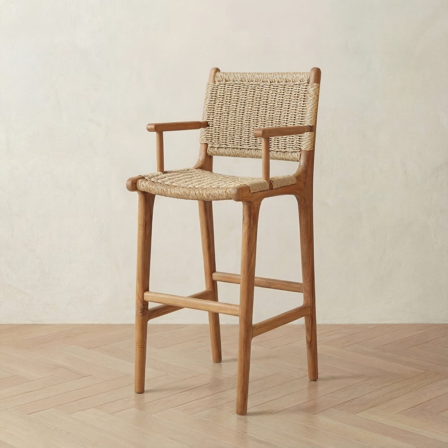 Zara Teak Rattan Bar Stool With Armrest