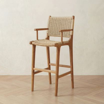 Zara Teak Rattan Bar Stool With Armrest