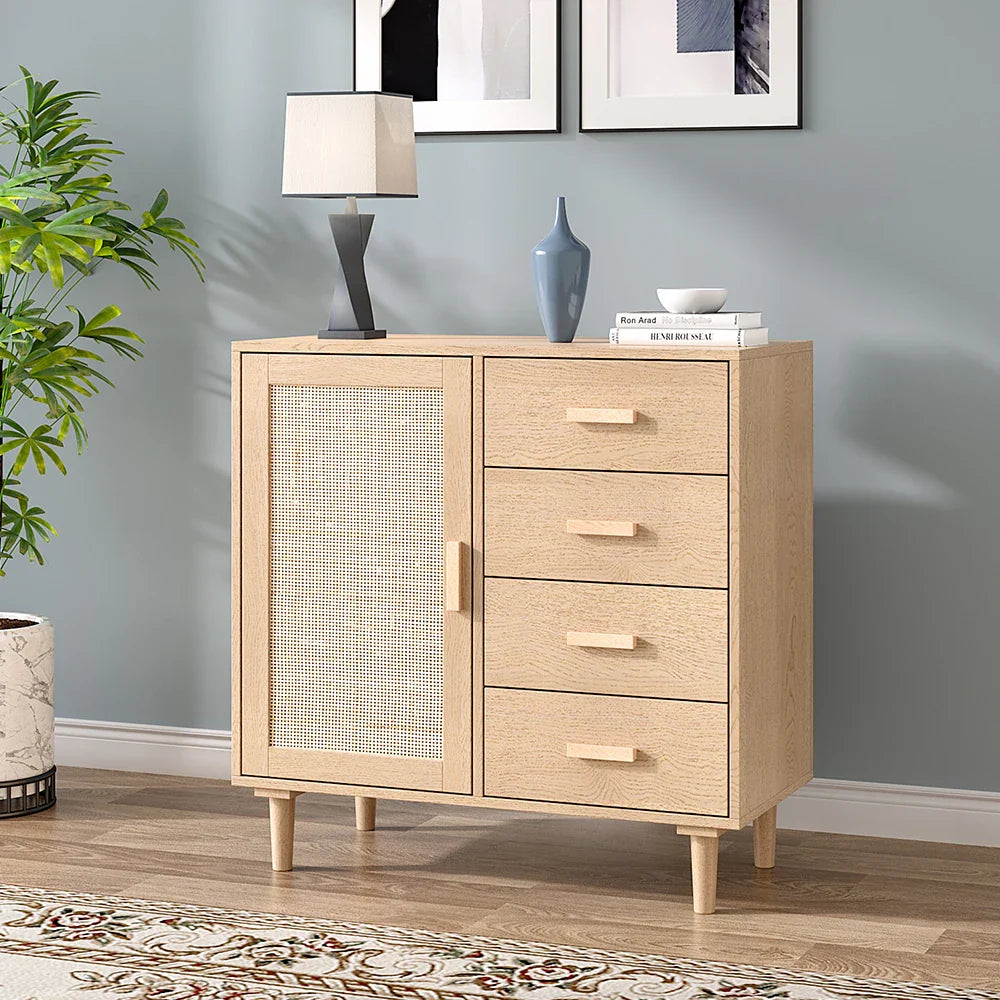Wood and Rattan Accent Side Cabinet- Natural  
