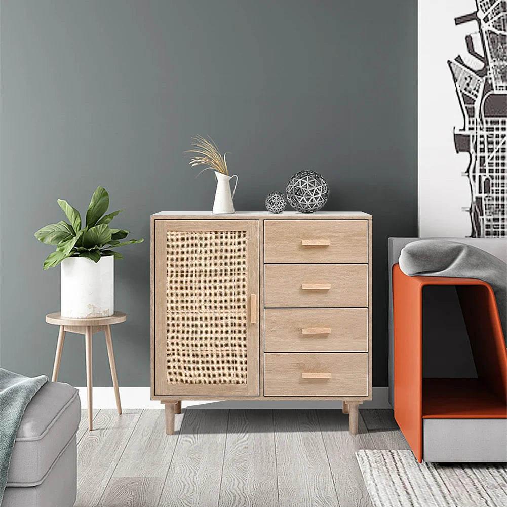 Wood and Rattan Accent Side Cabinet- Natural  