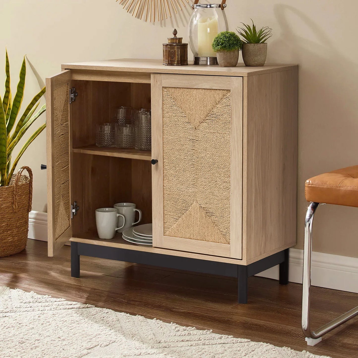 Rattan double door wooden sideboard- Natural  