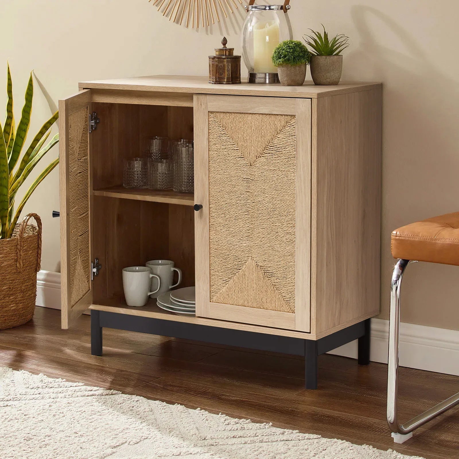 Rattan double door wooden sideboard- Natural  
