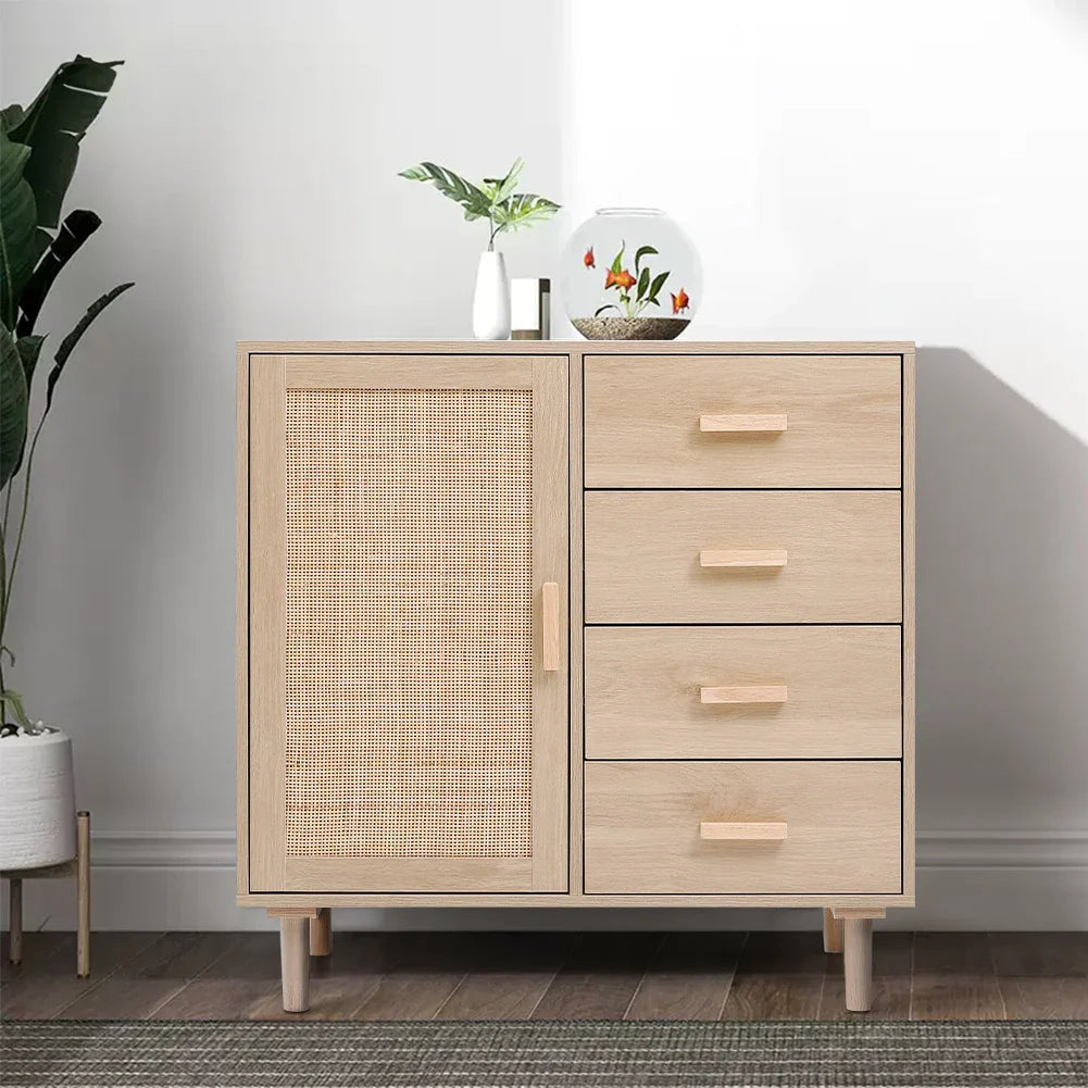 Wood and Rattan Accent Side Cabinet- Natural  
