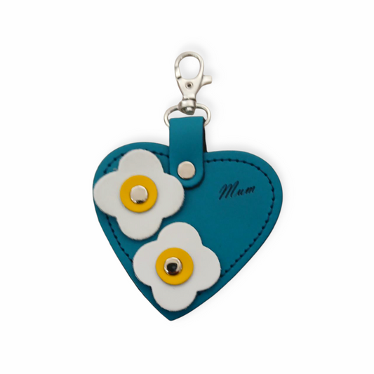 Love heart bag charm - with 'Mum' engraving and flower appliques - Teal  