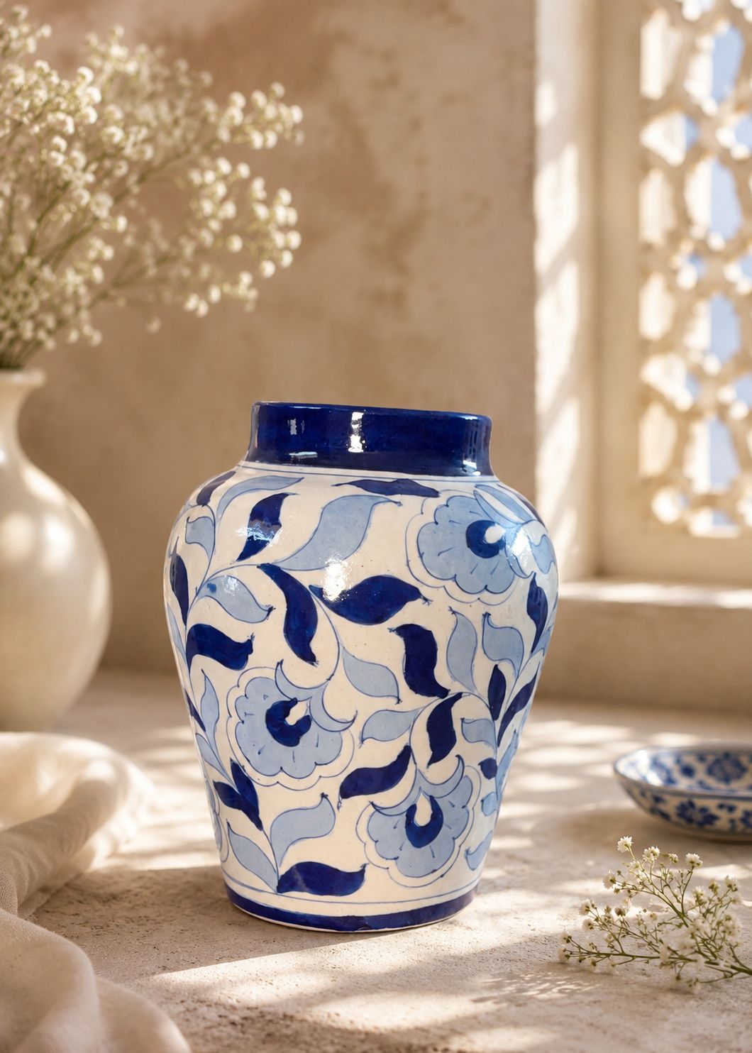 Jaipur Blue Pottery Vase — Hand-Painted Cobalt Floral, Artisan Ceramic | Unique Homeware Gift UK