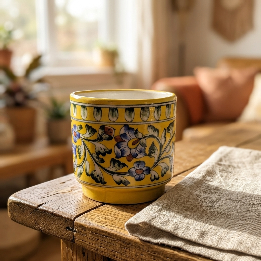 Blue Pottery Planter 6" — Hand-Painted Floral, Artisan Ceramic | Jaipur Blue Pottery