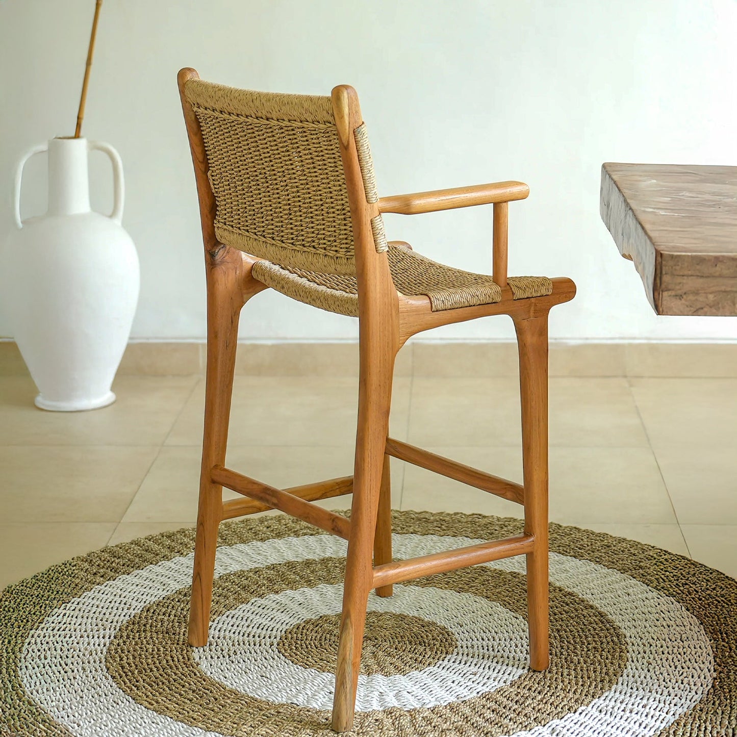 Zara Teak & Rattan Bar Stool With Armrest  