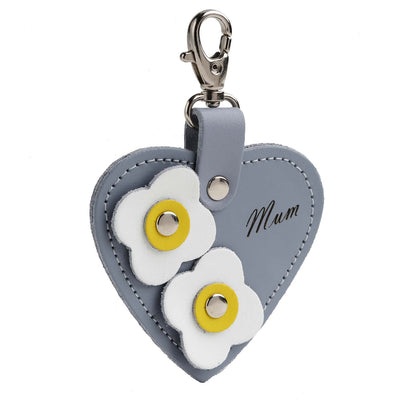 Love heart bag charm - with 'Mum' engraving and flower appliques - Lilac Grey  
