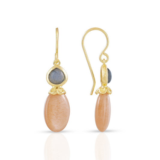Persephone Double Gemstone Earrings- Peach Moonstone & Labradorite