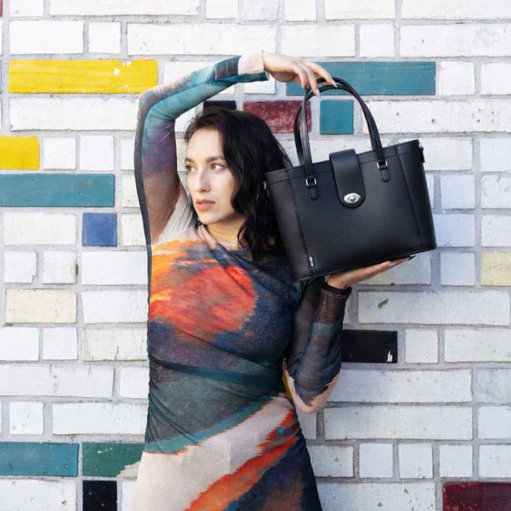 Leather Mini Twist Lock Shopper Bag - Black