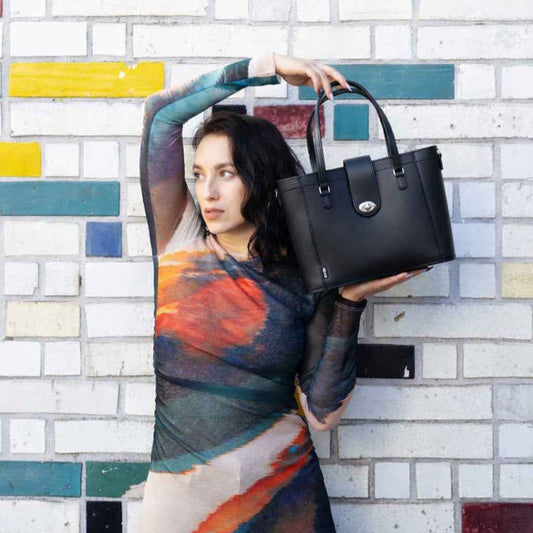 Leather Mini Twist Lock Shopper Bag - Black