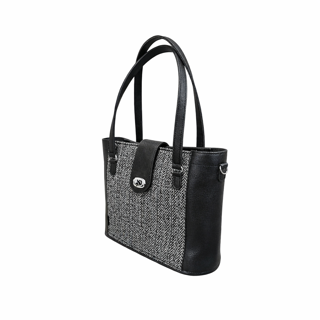 Tannery Tweed Leather Shopper Bag - Mini Twist Lock Style- Black
