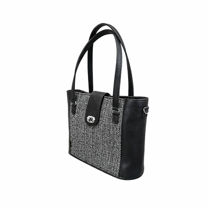 Tannery Tweed Leather Shopper Bag - Mini Twist Lock Style- Black