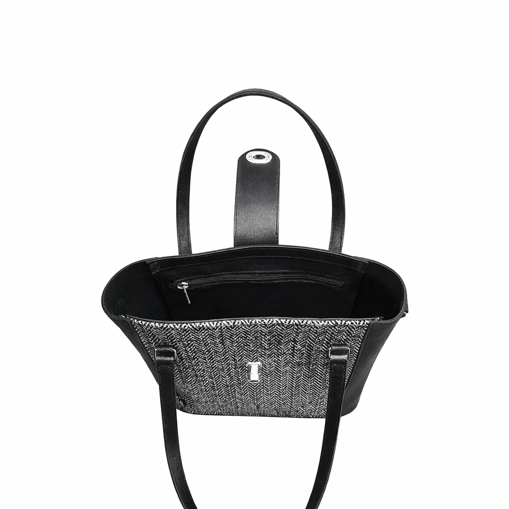 Tannery Tweed Leather Shopper Bag - Mini Twist Lock Style- Black
