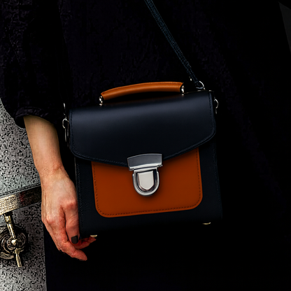 Handmade Leather Two Tone Sugarcube Handbag Black -  Burnt Orange