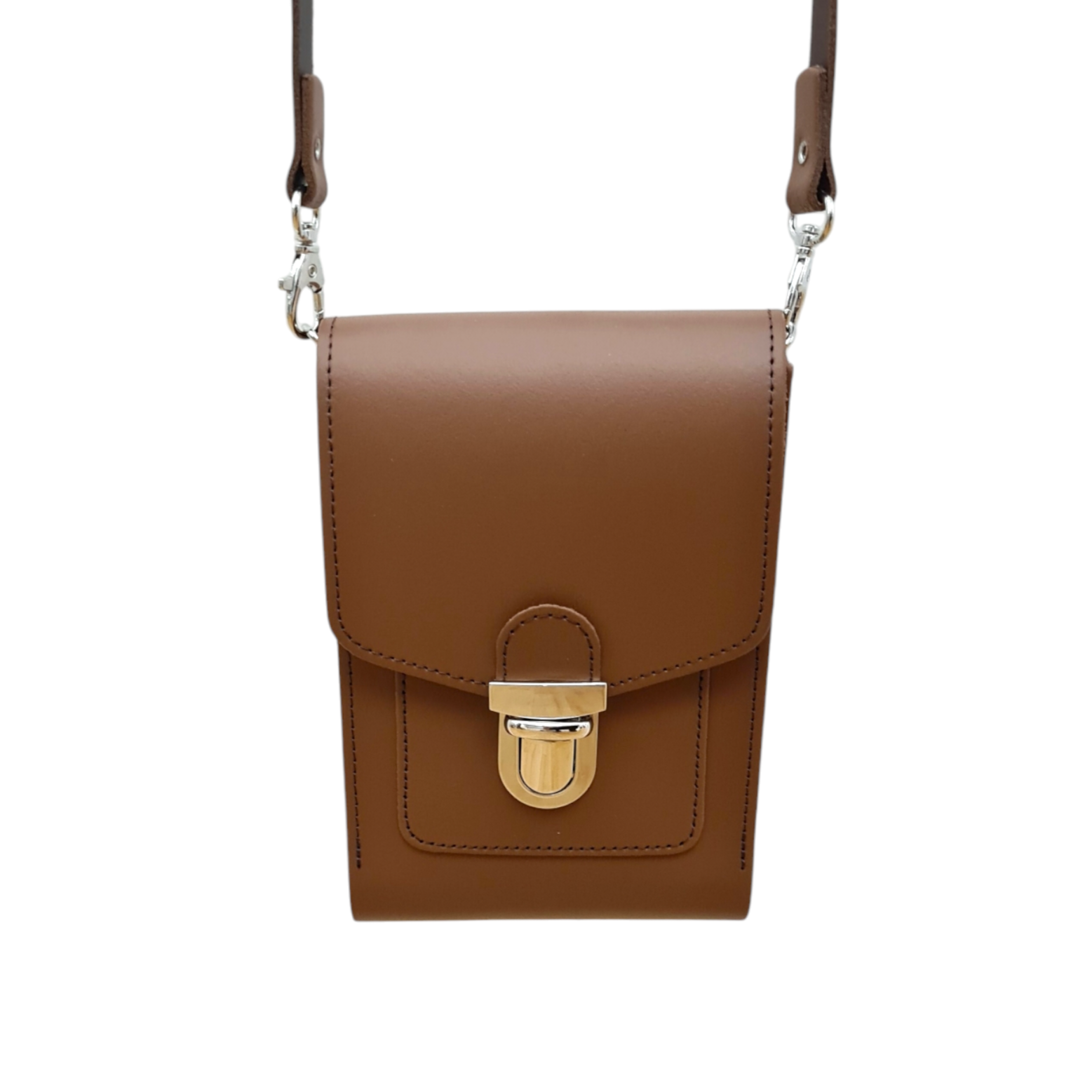 Leather Push Lock Crossbody Phone Case - Chestnut  
