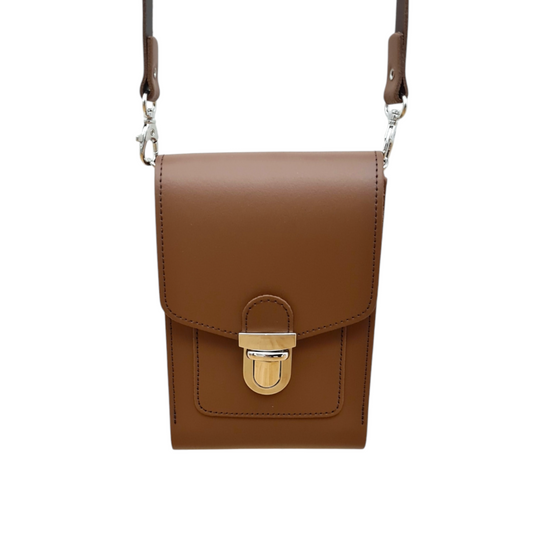 Leather Push Lock Crossbody Phone Case - Chestnut  