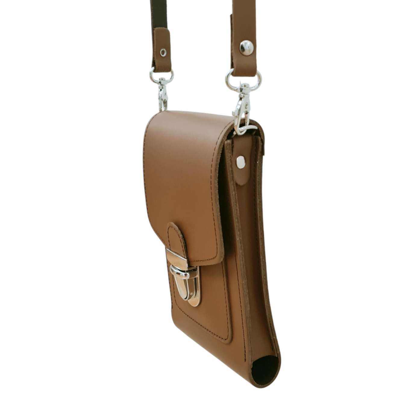 Leather Push Lock Crossbody Phone Case - Chestnut  
