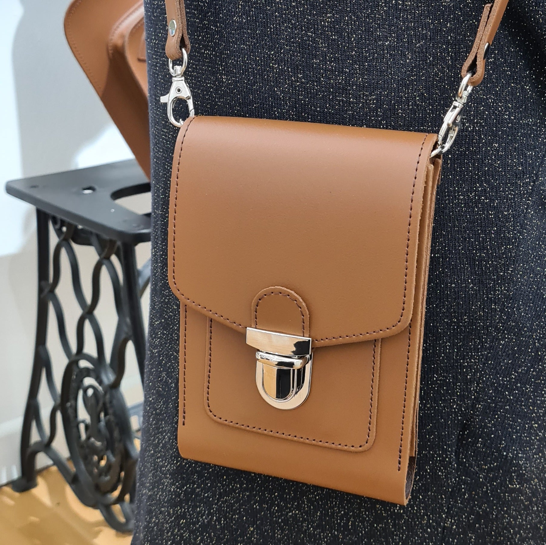 Leather Push Lock Crossbody Phone Case - Chestnut  