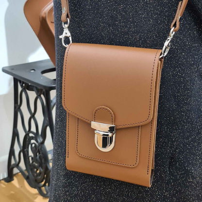 Leather Push Lock Crossbody Phone Case - Chestnut