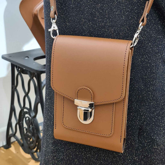 Leather Push Lock Crossbody Phone Case - Chestnut