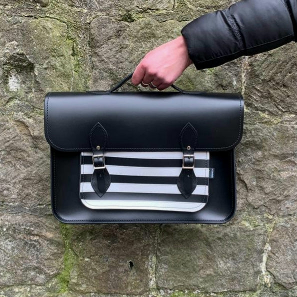 Handmade Leather Satchel - Gothic Striped White & Black  
