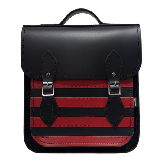 Handmade Leather City Backpack - Gothic Striped Red & Black  