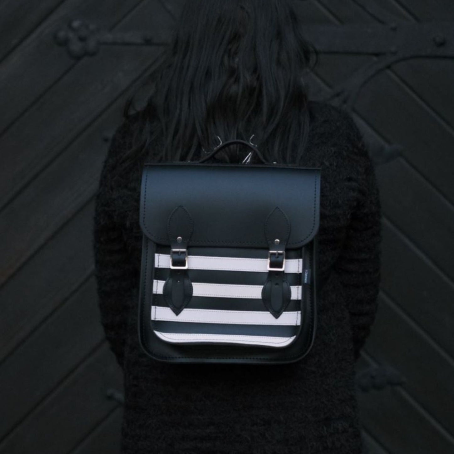Handmade Leather City Backpack - Gothic Striped White & Black  