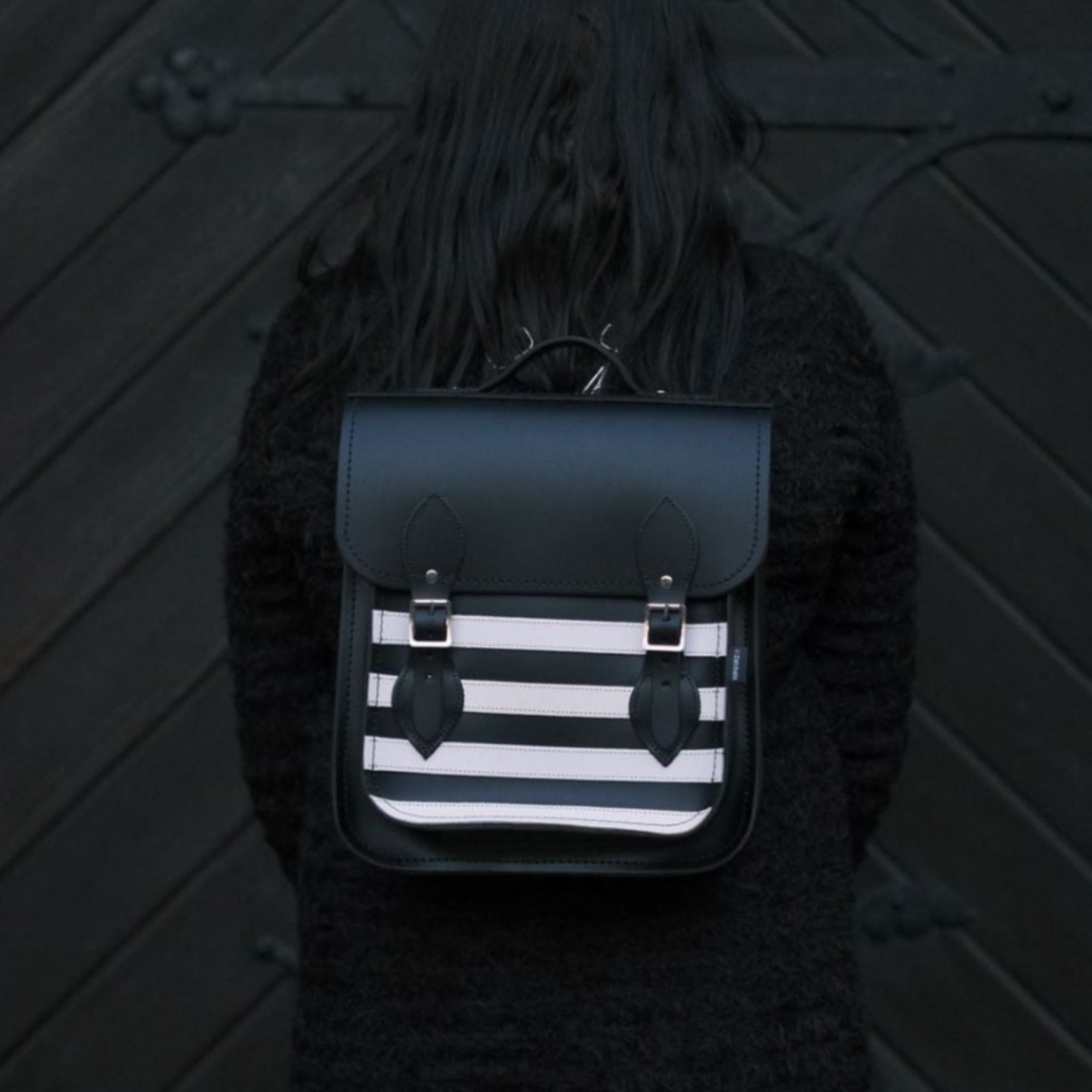 Handmade Leather City Backpack - Gothic Striped White & Black  